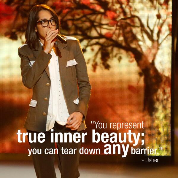 NBCTheVoice's tweet photo. "You represent true inner beauty. You can tear down any barrier." - @Usher on @MichelleChamuel #TheVoice http://t.co/RzxOydSPHo
