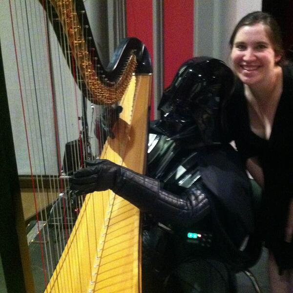 VanderbiltMusic's tweet photo. Vanderbilt Office Manager, Katherine, supervising Darth Vader's 1st harp lesson in Urbana, Illinois! http://t.co/lGL9qcoLAQ