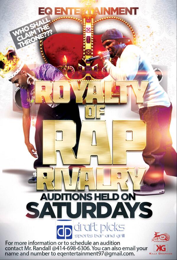 JustLaidBack2's tweet photo. EQ Entertainment Presents The "Royalty of Rap Competition! Call 414-698-6306 to schedule audition... http://t.co/L1N3WJ36FC