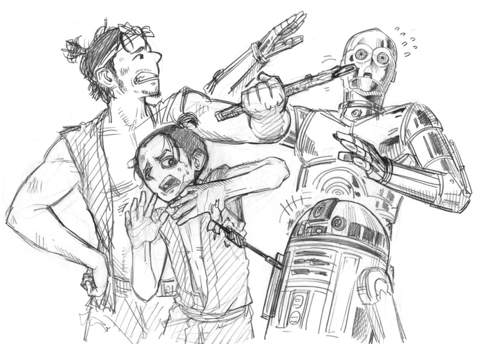 らくがき。「隠し砦の三悪人」と「STAR WARS」の名コンビ対決。どっちも大好き! 