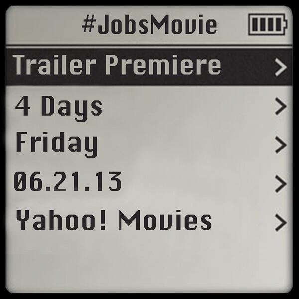 TheJobsMovie's tweet photo. RETWEET the news: The #JobsMovie trailer premieres in FOUR DAYS on @Yahoo! Movies (1:00pm EST). All devices welcome. http://t.co/pvHfPHiE5B