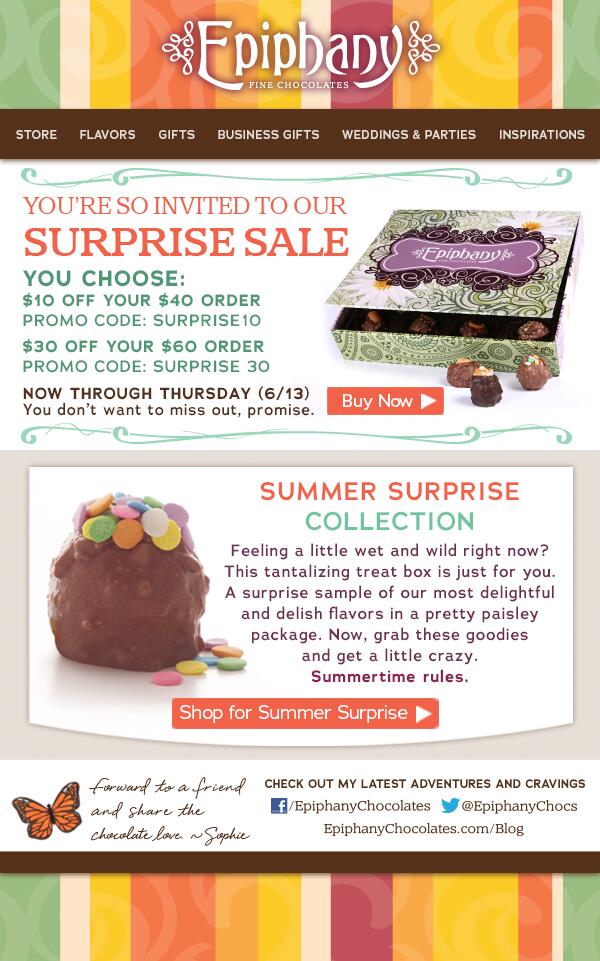 epiphanychocs's tweet photo. Guess what? You're SO invited to our SURPRISE SALE. NOW through THURS. Click link for deets. Sweet deals! ~Sophie http://t.co/f3z44xb4v3