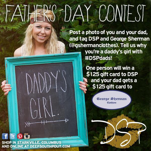 deepsouthpout's tweet image. RT 👇
Win $125 gc to DSP and $125 gc to @gshermanclothes in our Daddy&apos;s Girl Father&apos;s Day contest. #DSPdads