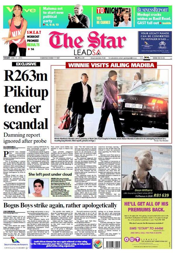 eNCA's tweet photo. THE STAR FRONT PAGE: R263m Pikitup tender scandal #encapapers http://t.co/jniSEK8tNB
