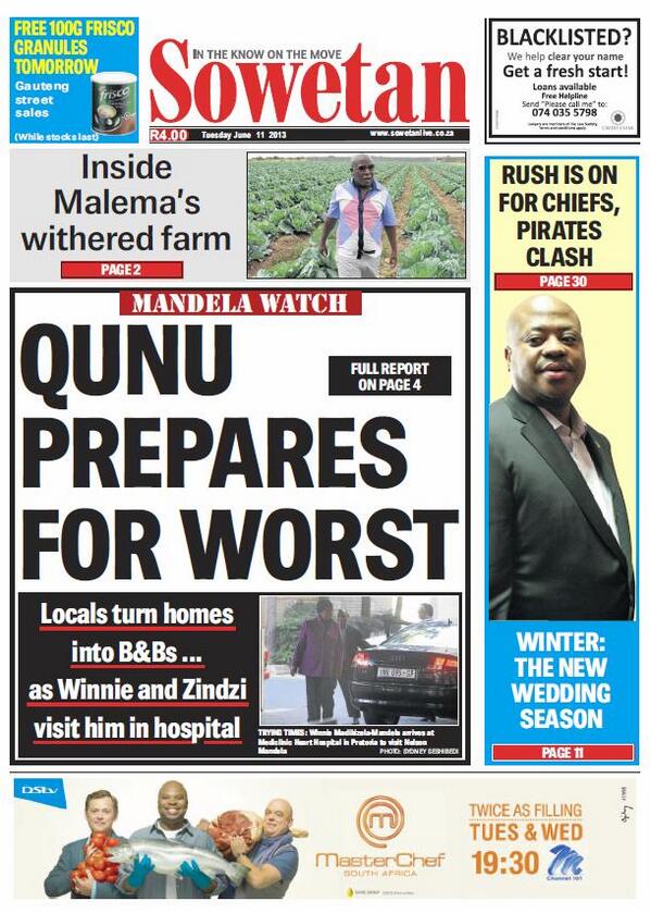 eNCA's tweet photo. THE SOWETAN FRONT PAGE: Qunu prepares for worst #encapapers http://t.co/WqEpALWrK8