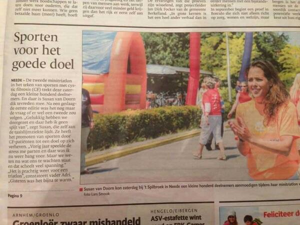 SportenmetCF's tweet photo. Mooi artikel in de @tctubantia krant! #sportenmetcf #triathlonvoortaaislijmziekte http://t.co/EL7kZ7asea