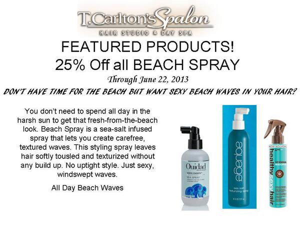 TCarltons's tweet photo. Want sexy beach waves without the beach? All Sea Salt Texture spray 25 % OFF till June 22nd!! http://t.co/LDmIiobCZw