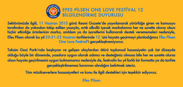 Efes Pilsen One Love Festival 12 Bilgilendirme Duyurusu
