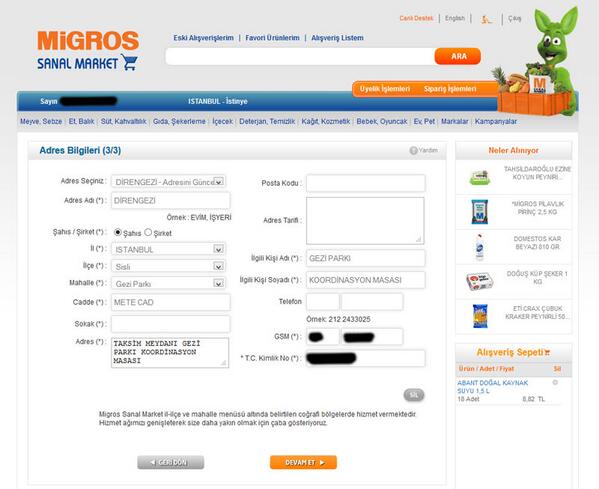 amanzonta's tweet photo. Migros sanal marketten gezi parkına yardım için alışveriş yapılabiliyormuş. Üye bilgilerini güncelle-yeni adres ekle http://t.co/bXpvQPlTos