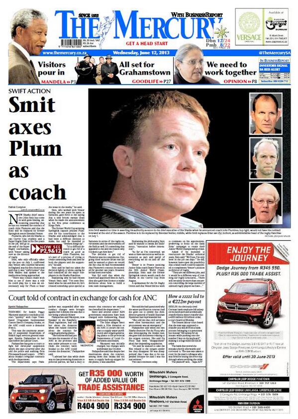 eNCA's tweet photo. THE MERCURY FRONT PAGE: Smit axes Plum as coach #encapapers http://t.co/dyieYgdIdI