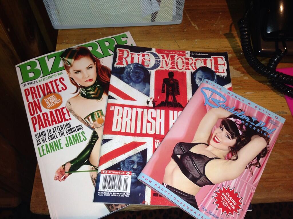 Reading material at work today @bizarremagazine @RueMorgue @BachelorPad http://t.co/y1hxm5wQNe