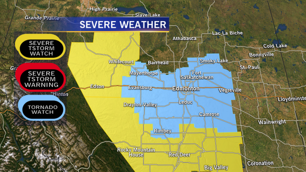 joshclassenCTV's tweet photo. Tornado WATCH issued for the City of #yeg &amp; surrounding areas including all the regions in blue.  #yegwx http://t.co/HhUZtpkKiC