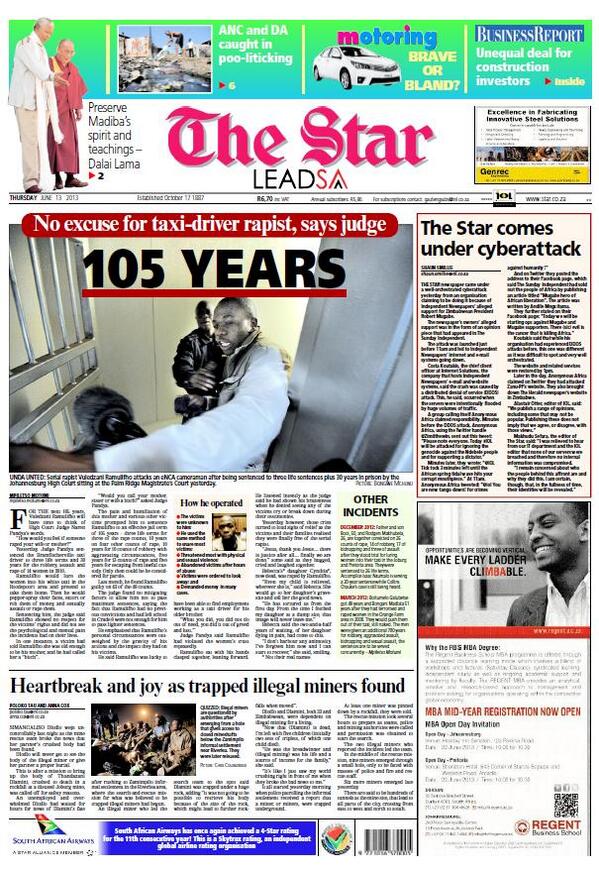 eNCA's tweet photo. THE STAR FRONT PAGE: No excuse for taxi-driver rapist, says judge #encapapers http://t.co/lOkZk7SDRv