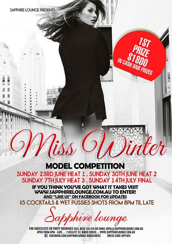 SapphireLoungeX's tweet photo. LADIES: We are still on the search for Miss Winter entrants! #Sydney #models #sapphirelounge #kingscross #Australia http://t.co/WB3qjuVab9