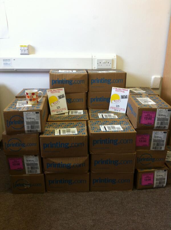StirlingFringe's tweet photo. Phew! That's most of the brochures carried into the office. Now for a nice sit down. ;) http://t.co/ylKNunhTaY