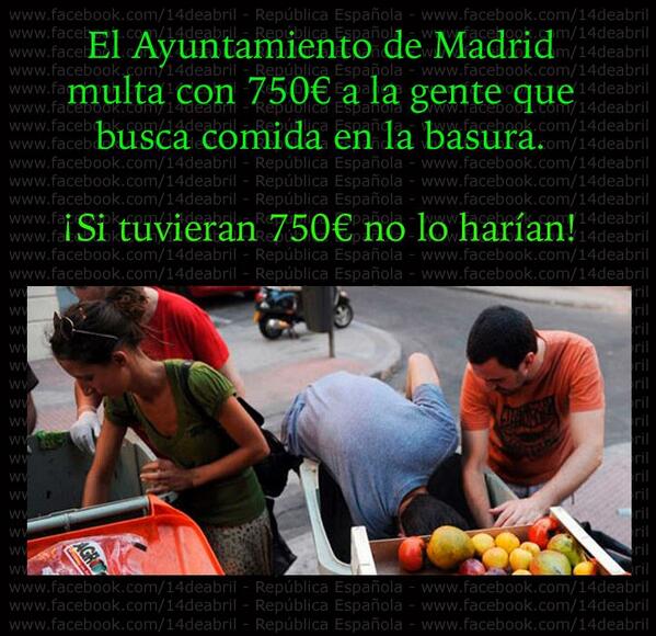 El ayuntamiento de Madrid multa con 750 euros a quien busca comida en la basura si te indigna PÁSALO @Anonymous_Prodi