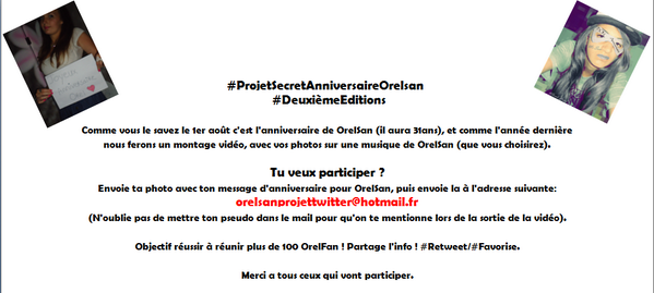 Orel_Fan_'s tweet photo. Souhaite un bon anniversaire à #OrelSaN pour ses 31ans ! Tu à juste à prendre une photo, vite participe et #RT. http://t.co/gWQjO7D7rp