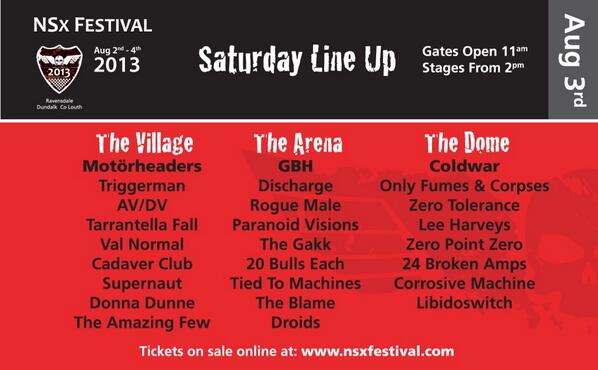 Sat nite line up <a href="/gbhuk/">GBH</a> #Discharge <a href="/TarantellaFall/">Tarantella Fall</a> @TriggermanRocks <a href="/tied2machines/">Tied to Machines</a> <a href="/OFAChc/">Only Fumes & Corpses</a> <a href="/dionsis/">Aidan Cuffe</a> <a href="/BandsNI/">BandsNI</a>