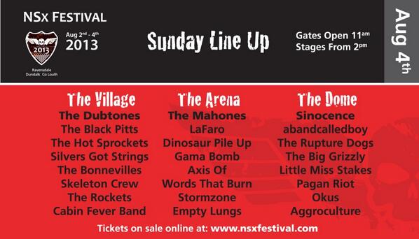 Sun nite <a href="/NSxFestival/">NSxFestival</a> its <a href="/THEMAHONES/">THE MAHONES</a> <a href="/LaFaro/">LaFaro</a> <a href="/DINOSAURPILEUP/">DINOSAUR PILE-UP</a> @gamabombspeaks <a href="/axisof/">Axis Of</a> <a href="/sinocence/">Sinocence</a> <a href="/NIrelandRocks/">NI Rocks</a>