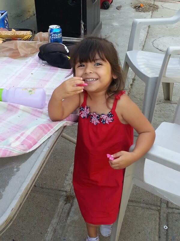 Dressed in the red white and blue. Love this kid and this country!