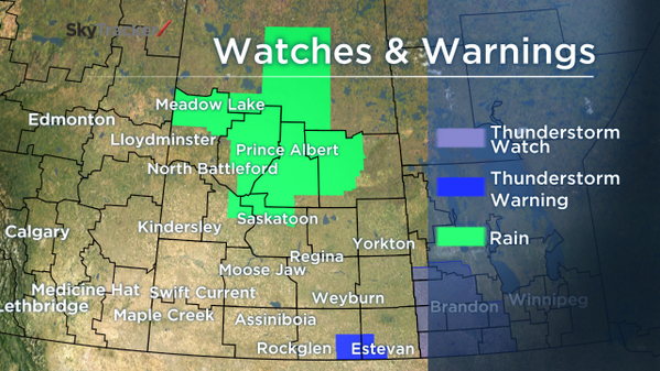 TiffanyLizee's tweet photo. Here are the current warnings around #SK. #Estevan area, be prepared for hail, strong winds and heavy rain. #SKstorm http://t.co/FS9T2GcJMC