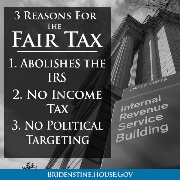 RepJBridenstine's tweet image. I am a co-sponsor of the Fair Tax Act of 2013. RT if you want to abolish the IRS and political targeting. #pjnet