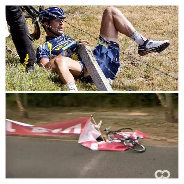 _joelrogers_'s tweet photo. Johnny Hoogerland, then and now. Fences and barriers are his nemesis!    #tdf @CyclingCentral @zeeuwseleeuw http://t.co/SY4r7PZRwJ