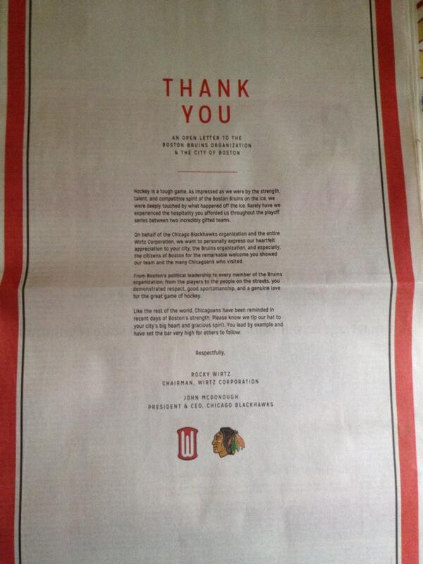 ocktalks's tweet photo. See the Blackhawks' full page ad in today's Globe? Well worth the read! #classact #becauseitsthecup #bruins http://t.co/1eBm5AQKCP