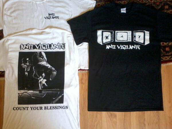 anti_vigilante's tweet image. New tee's just in! Reprinted "TV" designs and a brand new white version of our "Count Your Blessings" shirt.
