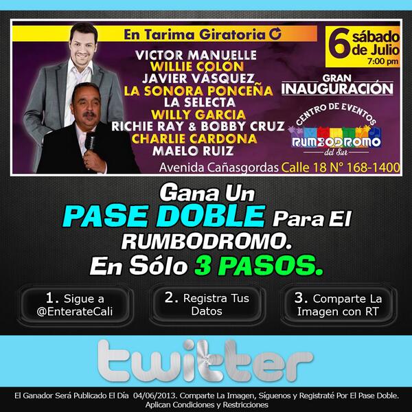 EnterateCali's tweet photo. #EntérateCali Sorteo de PASE DOBLE para el @RUMBODROMO del SUR este 06 de julio - http://t.co/8C0TgM4VcA  | http://t.co/5CS0nKpFRF