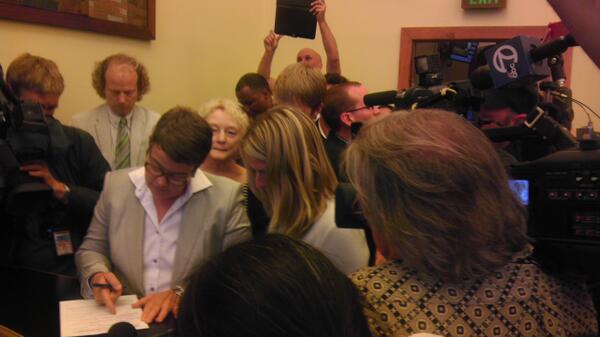 Cheers in a packed San Francisco clerk's office for first license for gay marriage since #prop8  (<a href="/realdealneal/">Neal J. Riley</a>)