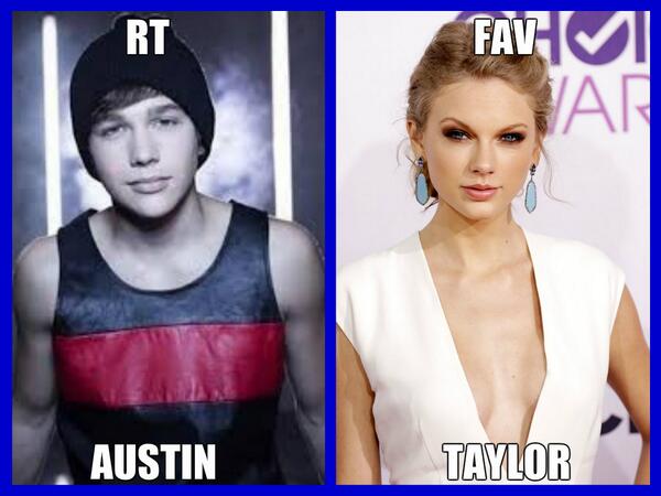 JulianaFuriaOk's tweet photo. Austin Mahone vs Taylor Swift

RT for @AustinMahone  
FAV for @taylorswift13 http://t.co/pMOPCd4ad9