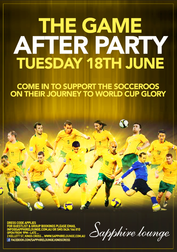 SapphireLoungeX's tweet photo. SOCCEROOS AFTER PARTY TONIGHT AT THE SAPPHIRE LOUNGE #Sydney #kingscross #Australia #socceroos @SapphireLoungeX http://t.co/X9qmBeQ44K