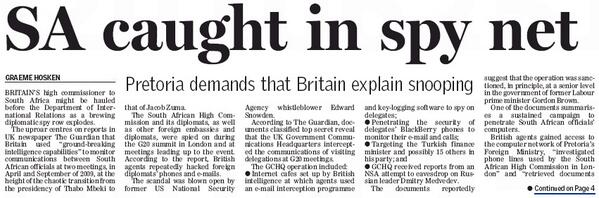OccBerkeleyMedi's tweet photo. UK high commissioner to South Africa may be called to Dept of International Relations to explain G2O spying 
#Snowden http://t.co/jXbd3W6bI9