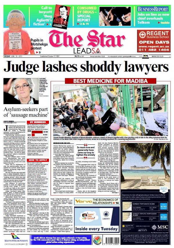 eNCA's tweet photo. THE STAR FRONT PAGE: Judge lashes shoddy lawyers #encapapers http://t.co/0PBC4MhyTf