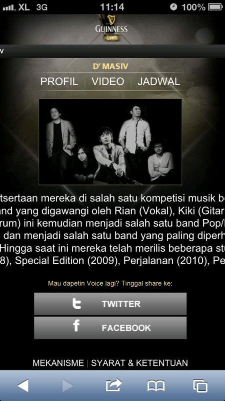 Bagi yg udh vote d'masiv di guinnesslive. Bisa vote stiap hari dgn cara share konten band d'masiv di fb profil