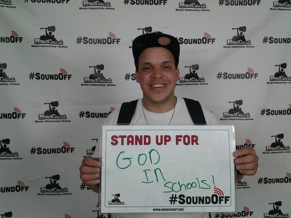 @RepMoBrooks: @itsmeAmine_ asks you to stand up for God in schools.  #SoundOff #Bonnaroo