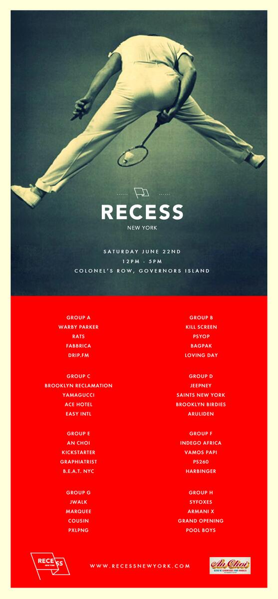 Saturday June 22  RECESS Outdoor #Badminton jam <a href="/Gov_Island/">Governors Island</a> 12pm-5pm // 
RecessNewYork.com