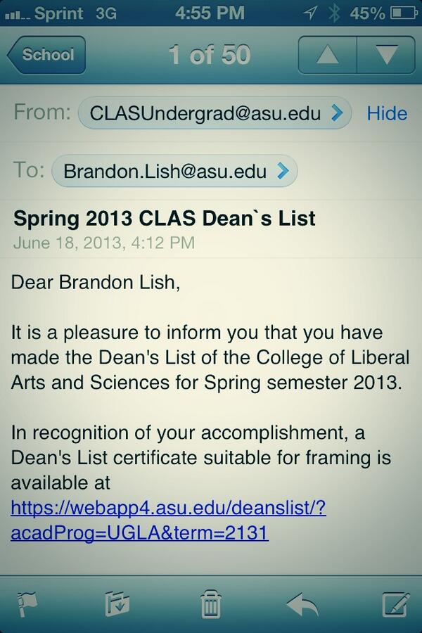 blish28's tweet image. Why thank you @ASU I did do well this semester, didn't I?!  #selfishTweet #nerdProblems #deansList