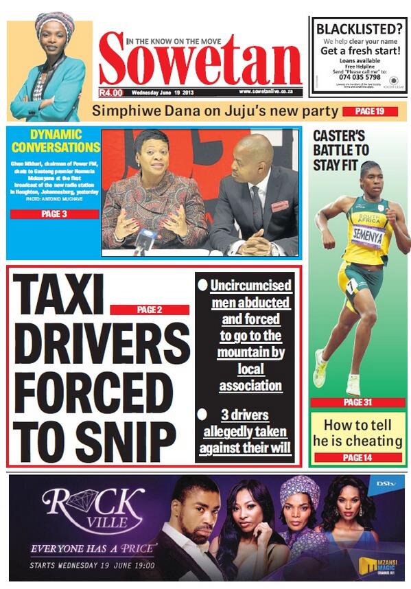 eNCA's tweet photo. THE SOWETAN FRONT PAGE: Taxi drivers forced to snip #encapapers http://t.co/wMdFZtjxyr