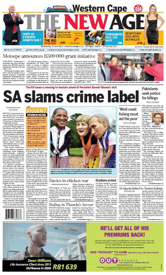 eNCA's tweet photo. THE NEW AGE FRONT PAGE: SA slams crime label #encapapers http://t.co/FWpdw7DGTP