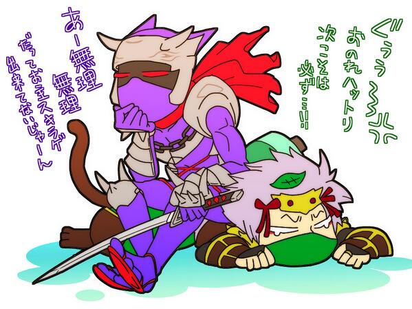 漫画飽きたから息抜きにパズドラ絵。ハットリ君とサスケェ。サスケェはハットリ君に対抗意識持ってて、ハットリ君はそんなサスケェで遊んでる変態です。 