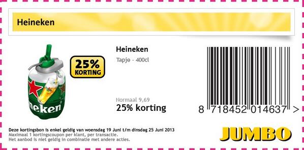 JumboWommels's tweet photo. Extra korting voor jou! Heineken tapje met 25% korting. Print de coupon en neem mee! http://t.co/7OxgcRifMj