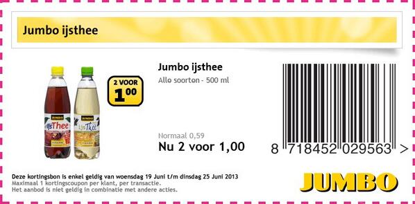 JumboWommels's tweet photo. Extra korting voor jou! Jumbo IJsthee, alle soorten. 2 flesjes voor €1,00!  Print de coupon en neem mee! http://t.co/3f1f2wZfoP