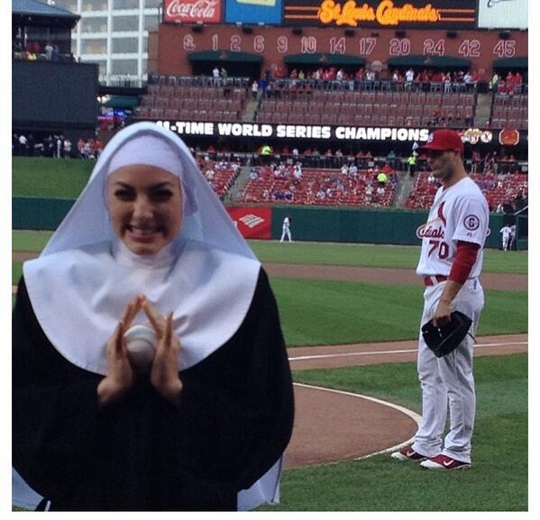 SKMeahl's tweet photo. @Tyler_Lyons thanks for somehow catching my left handed almost-pitch today! See Nunsense at The Muny! #notreallyanun http://t.co/hw631cTBju