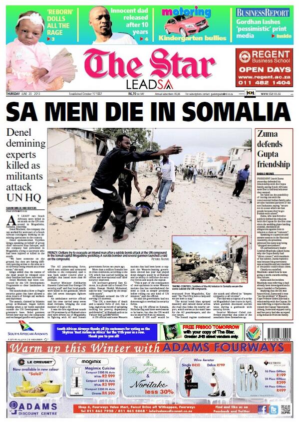 eNCA's tweet photo. THE STAR FRONT PAGE: SA men die in Somalia #encapapers http://t.co/gUa6hwd5CS