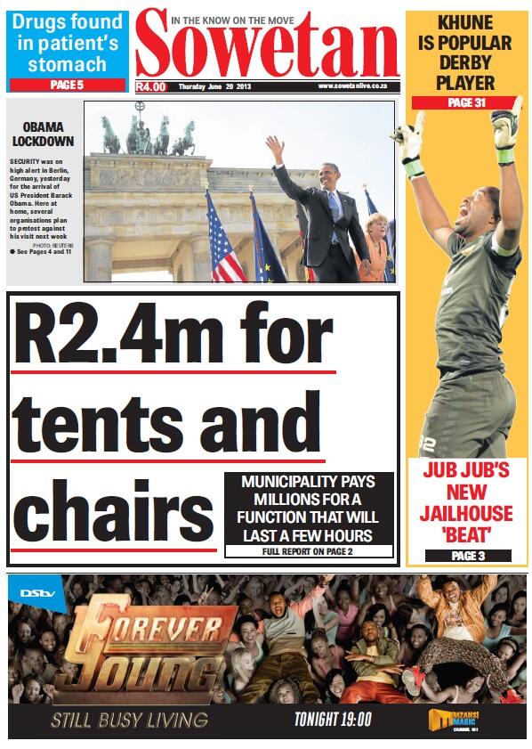 eNCA's tweet photo. THE SOWETAN FRONT PAGE: R2.4m for tents and chairs #encapapers http://t.co/OcLRiulb8q