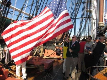 tmsobs's tweet photo. NG flag flies on USS Constitution commemorating Battle Of Midway, honoring the Boston Marathon first responders. http://t.co/ErzZtcJCwO