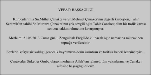 canakcilarAS's tweet photo. Merhum Tahir Çanakcı'ya Allah'tan rahmet, tüm yakınlarına ve Çanakcı ailesine baş sağlığı diliyoruz. http://t.co/bCnCMbskbJ