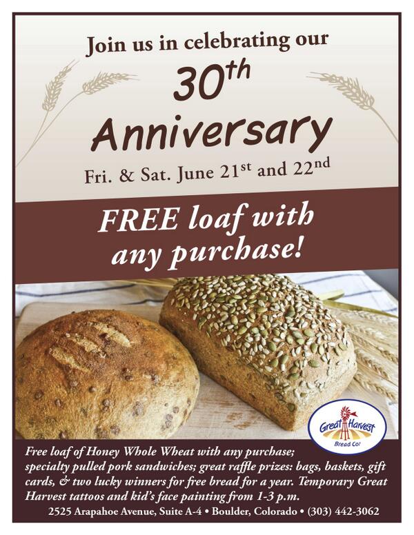 #Boulder - Don't miss <a href="/GreatHarvestBo/">GreatHarvestBoulder</a>'s 30th Anniversary Celebration that starts tomorrow!
